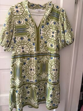 THML Olive Green & Blue Printed V-Neck Tunic Dress